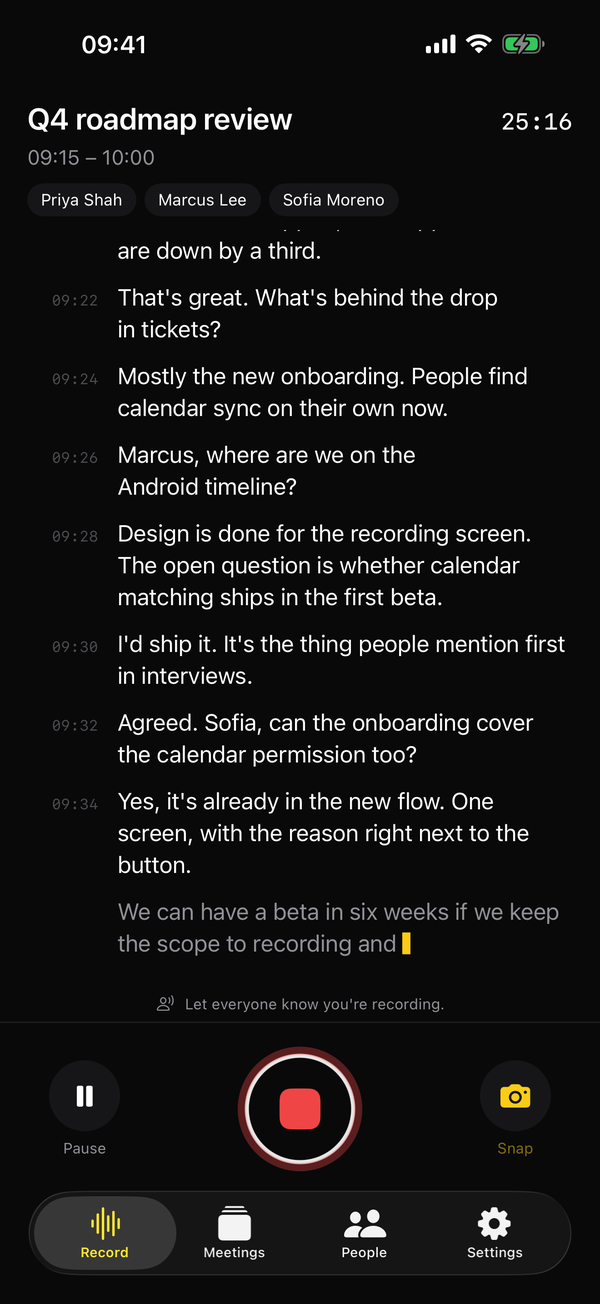 iPhone Record screen during a meeting called Q4 roadmap review: three attendee names, the live transcript with timestamps, and Pause, Stop and Snap buttons.