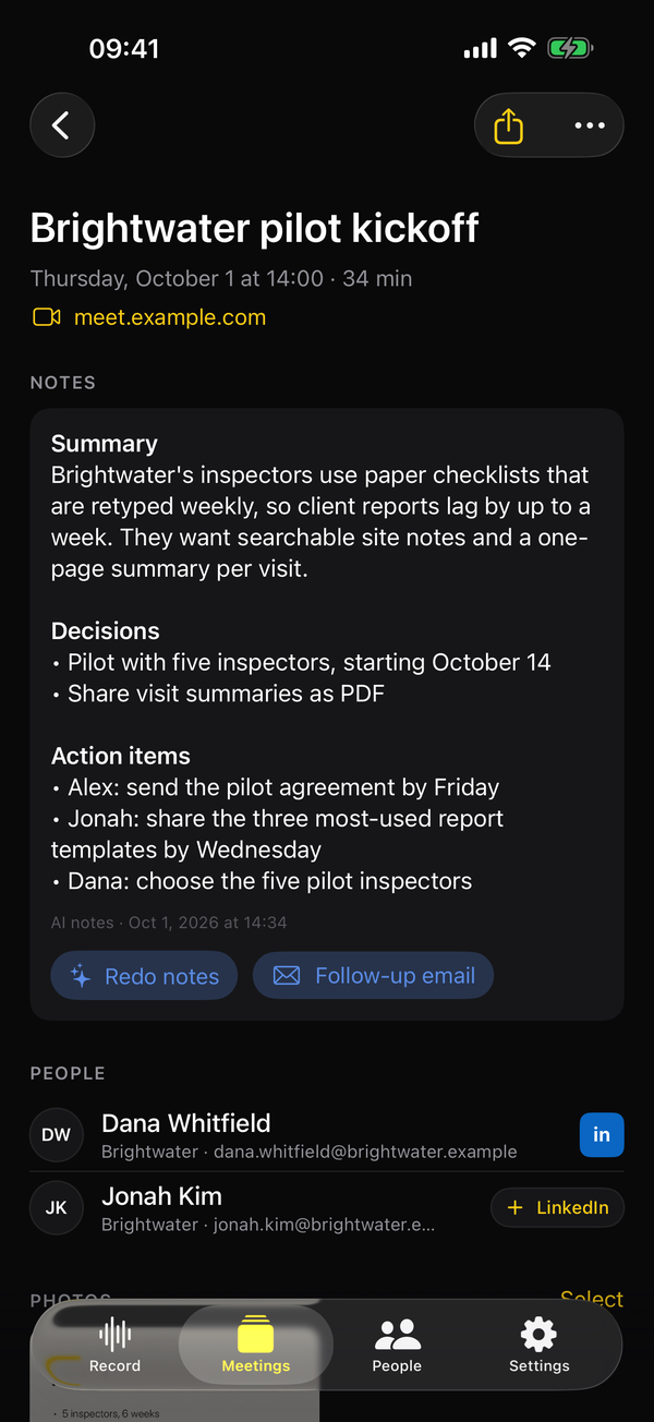 A meeting's Notes: summary, decisions and action items with owners, plus Redo notes and Follow-up email buttons, above the People list.